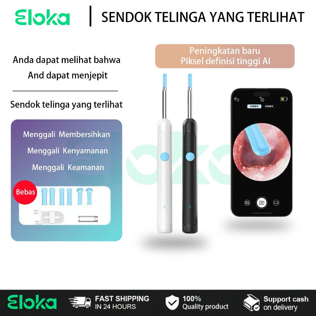 Eloka Pembersih telinga, sendok telinga, kamera LED, endoskopi HD visual pintar, sendok telinga bayi