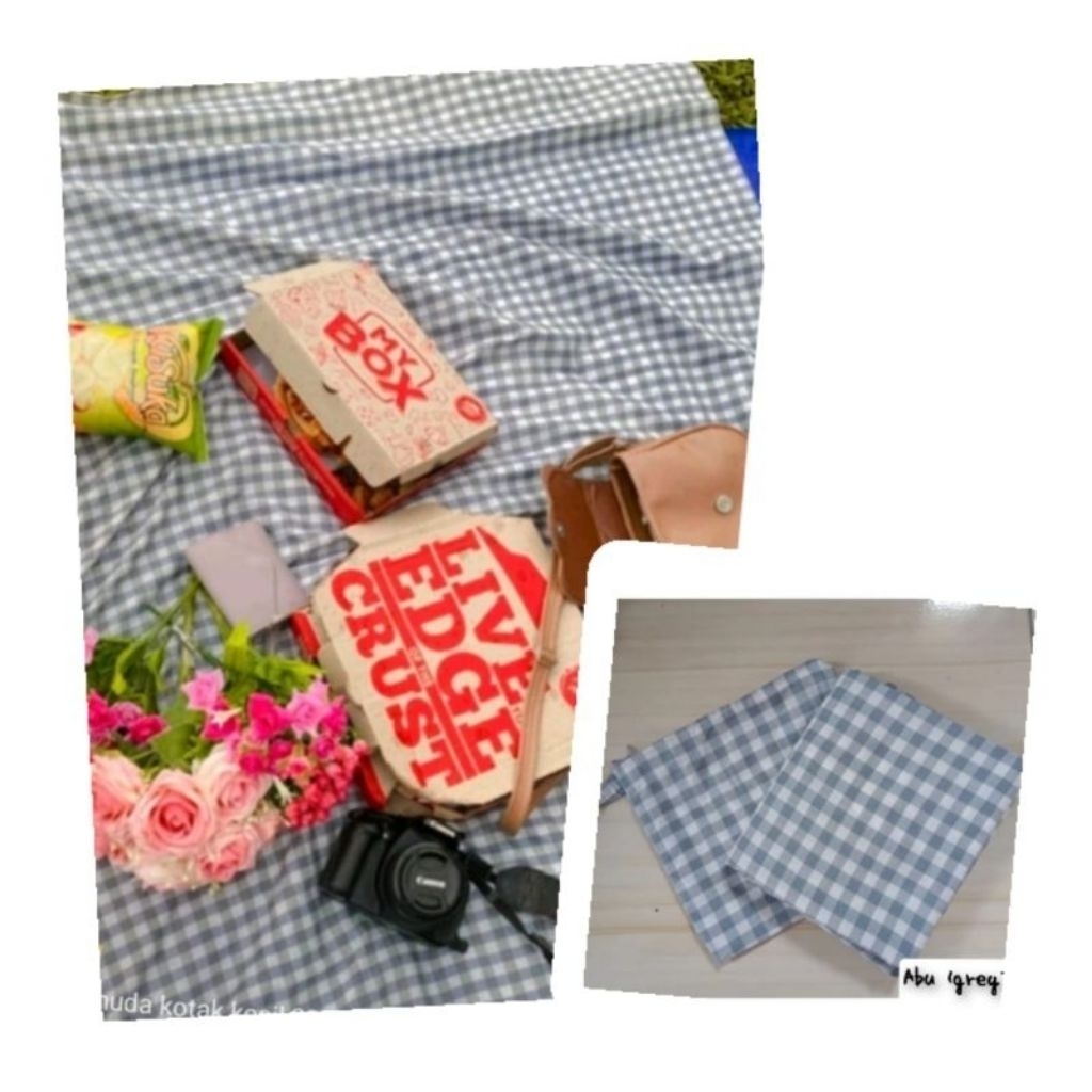 kain piknik/tikar fotografer/tikar kemping motif kotak kotak warna abu simpel dengan tasnya