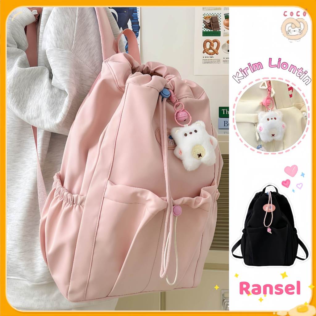 Tas Sekolah Korea Baru/Ransel Merah Muda/Tas Sekolah Desain Tali Serut/Tas Sekolah Smp/Tas Sekolah S