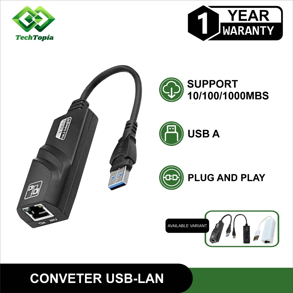 Adapter Converter USB A 3.0 - Type C to LAN Ethernet RJ45 Adapter Converter LAN Card & USB Hub Suppo