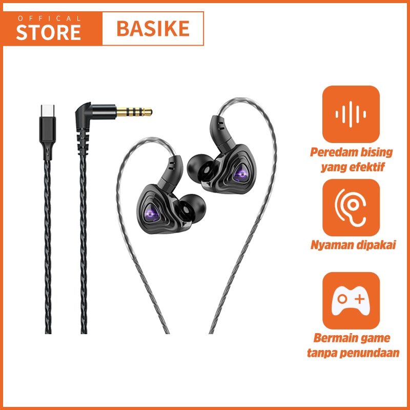 BASIKE Headset Gaming Musik in Ear HIFI 9D Subwoofer Profesional bass penuh Asli 3.5mm Type C Jack