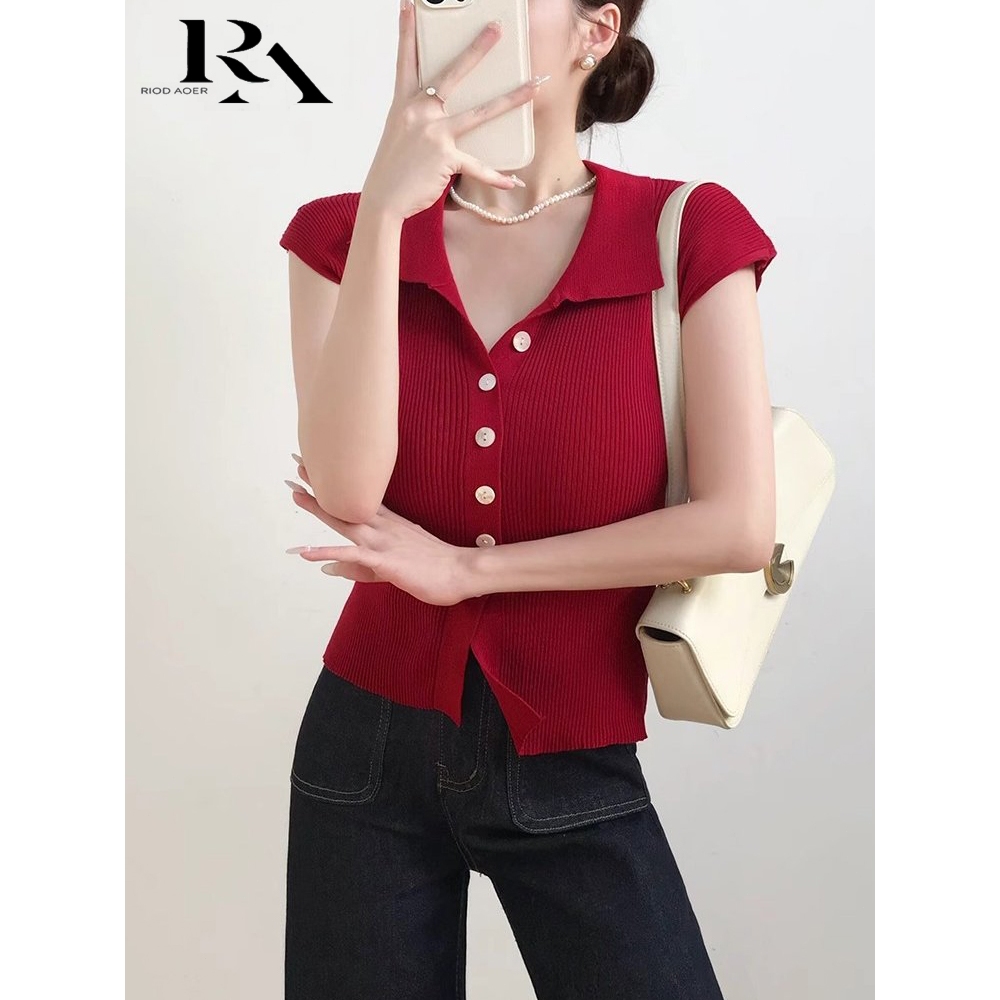RIOD AOER Rompi Rajutan Temperamen Merah Retro Wanita Musim Semi dan Musim Panas Kardigan Kancing Le