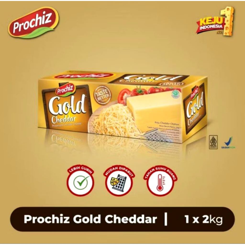 

Prochiz Gold Cheddar 2KG/1Balok (1PCS) Asin Gurih Parutan Panjang