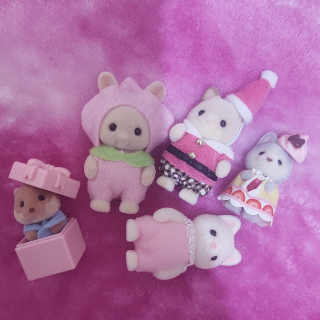 sylvanian families cream cat, peach rabbit, silk cat