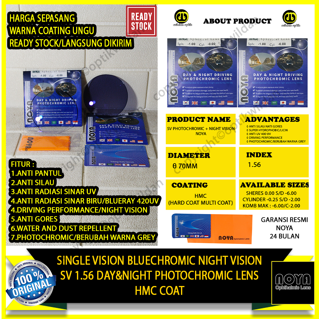 NOYA SINGLE VISION BLUECHROMIC+NIGHT VISION /DAY AND NIGHT DRIVING PHOTOCHROMIC NOYA READY STOCK