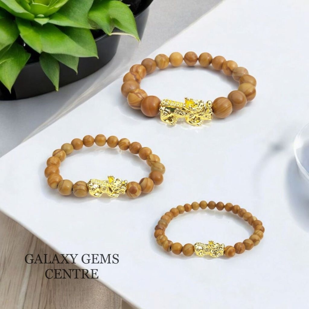 Gelang Manik Manik Jasper Motif Kayu Batu Akik Bracelet Pixiu Emas