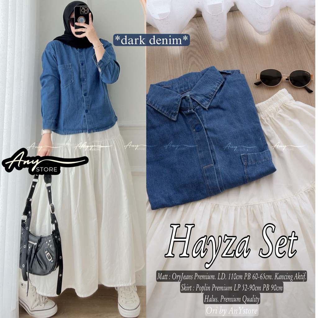 hayza one set rok jeans by A.N.Y kemeja stripe baju kemeja wanita one set wanita kekinian rok panjan