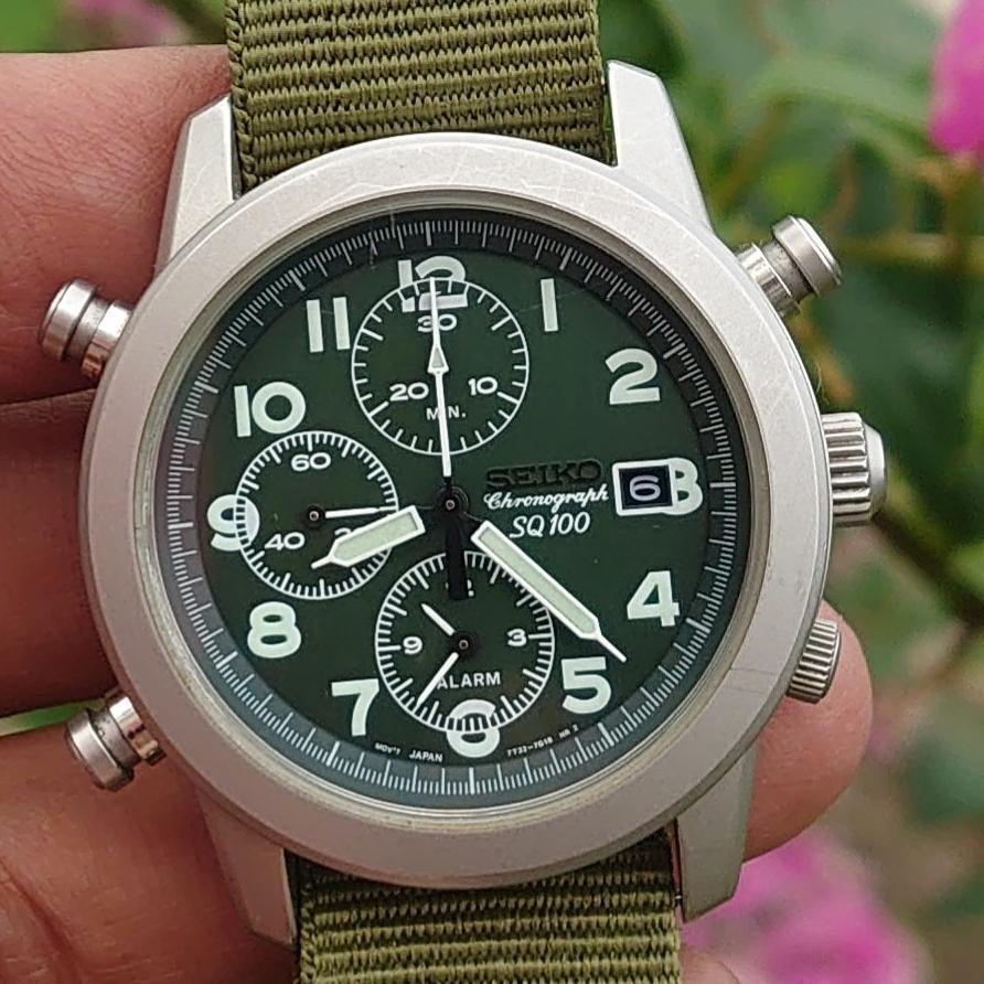 Seiko Quartz SQ100 Alarm Chronograph 7T32-7D80 Military