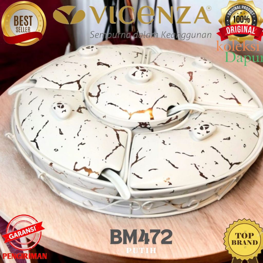 Prasmanan Putar Vicenza dengan tutup Bm472 dilengkapi roller, rak penganan, motif marmer hitam marbl