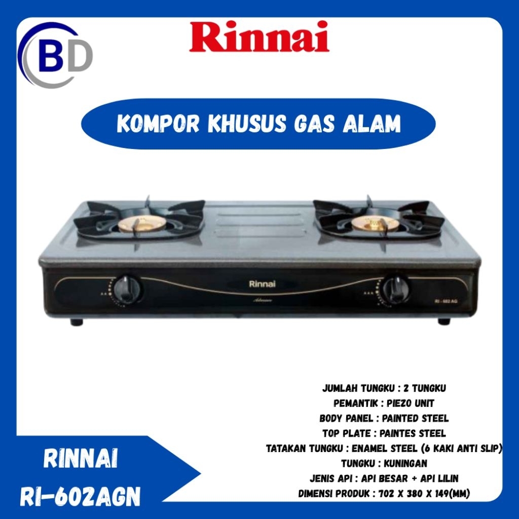 Kompor Gas Rinnai 2 Tungku RI 602 AGN Khusus Gas Alam