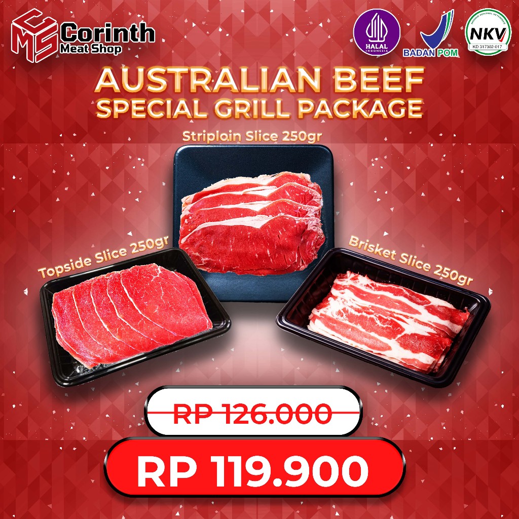 

PROMO SPECIAL SLICE PACKAGE / SIRLOIN BRISKET TOPSIDE / SPECIAL GRILL PACKAGE / PAKET DAGING BBQ GRILL / HALAL / SEHAT / BERSIH / NKV
