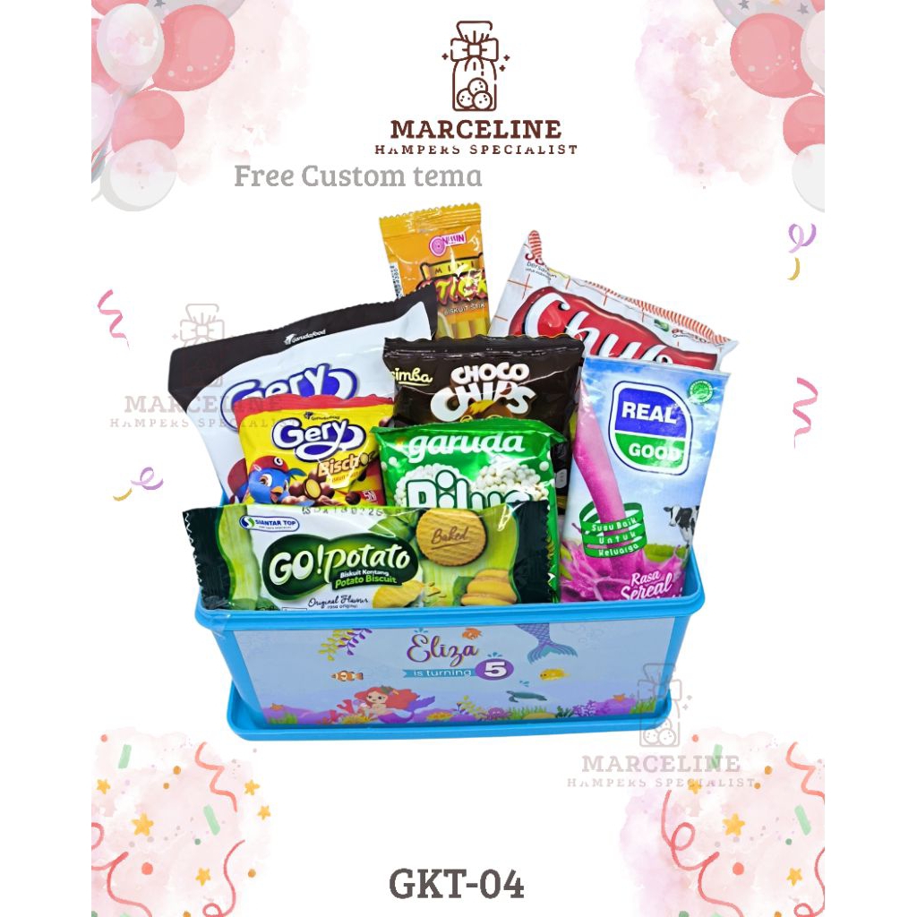 

Hampers ulangtahun ulang tahun anak murah bentuk kotak tissue, bingkisan snack ulangtahun anak murah free design tema, pita Dan tag.