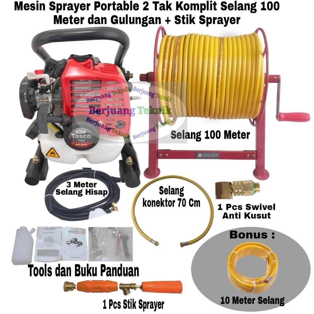Mesin Sprayer Portable 2 Tak TASCO TU 26 komplit selang 100 meter dan gulungan dan stik gun sprayer 