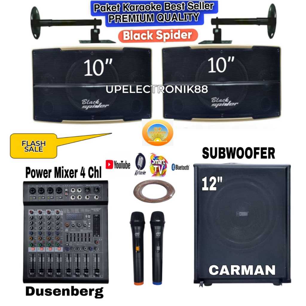 Paket Karaoke Speaker Pasif 10 Inch BlackSpider BS SPX 450+Subwoofer Crimson 12 Inch+Power Mixer Dus