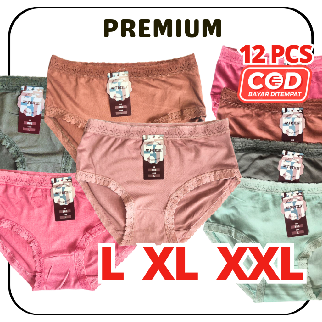 12 PCS CD Celana Dalam Wanita Cewek Dewasa Katun Renda FEMA 883 886