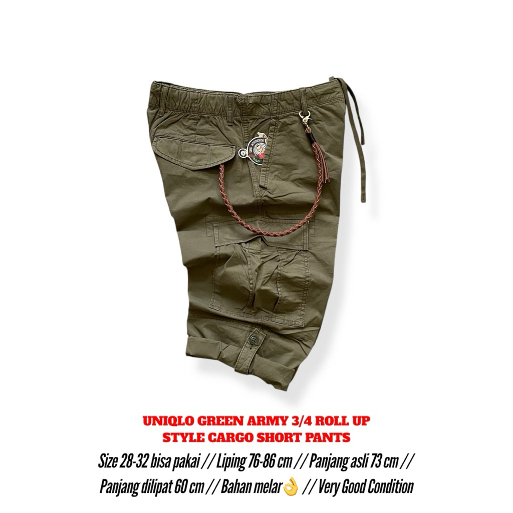 Uniqlo Green Army 3/4 Roll Up Style Cargo Short Pants Second Original