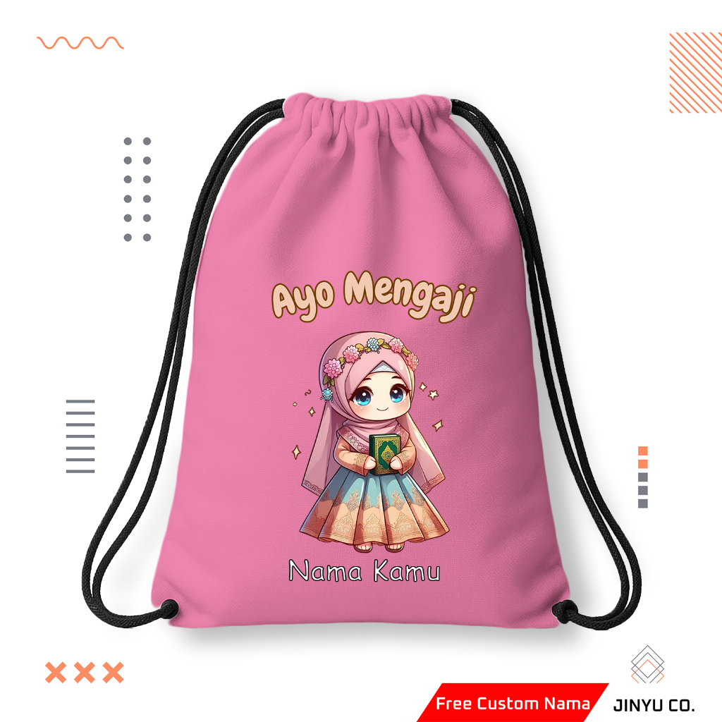Tas Serut Anak Ayo Mengaji Gratis Custom Nama | Tas Serut Custom Nama | String Bag Anak Custom Nama