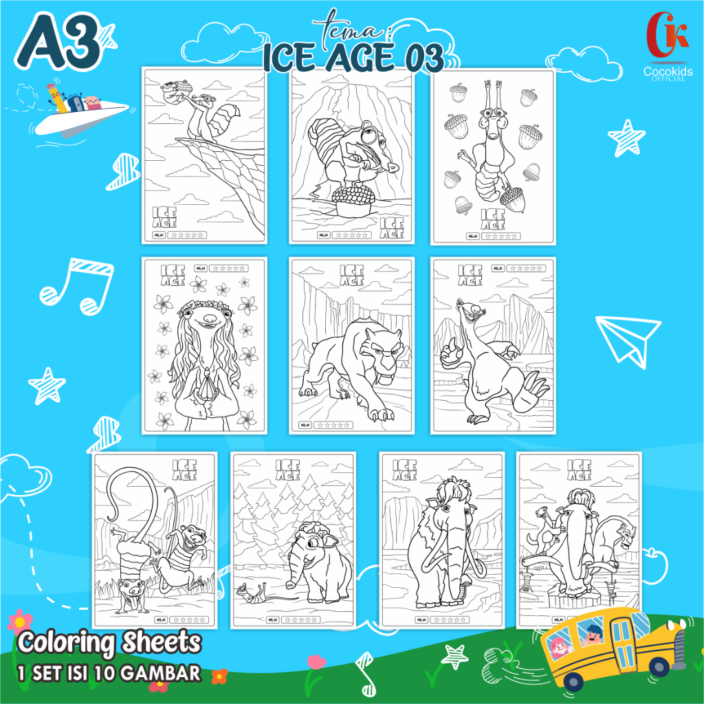 

(ICE AGE 03) KERTAS MEWARNAI ANAK A3 - COLORING SHEETS SERIES 1 - LEMBAR MEWARNAI ANAK PAUD/TK/SD
