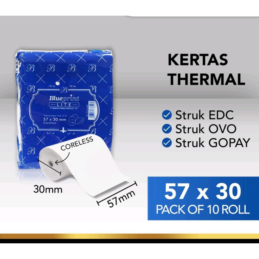 

kertas thermal kasir blueprint 57x30 1 pak 10pcs
