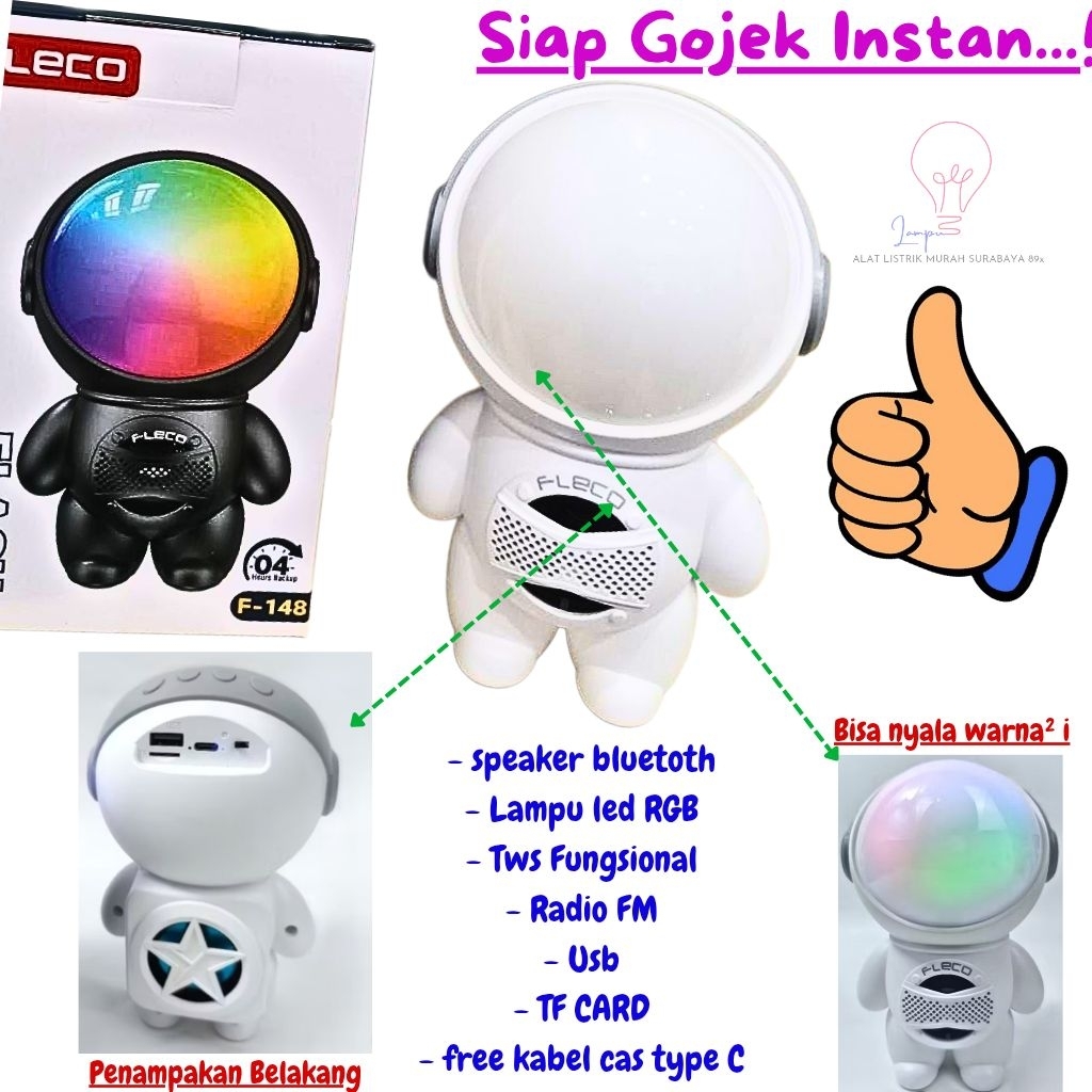 Speaker Astronot RGB Bluetooth TWS Radio FM USB SD Card Fleco F-148 Astronot Putih / Hitam / Speaker