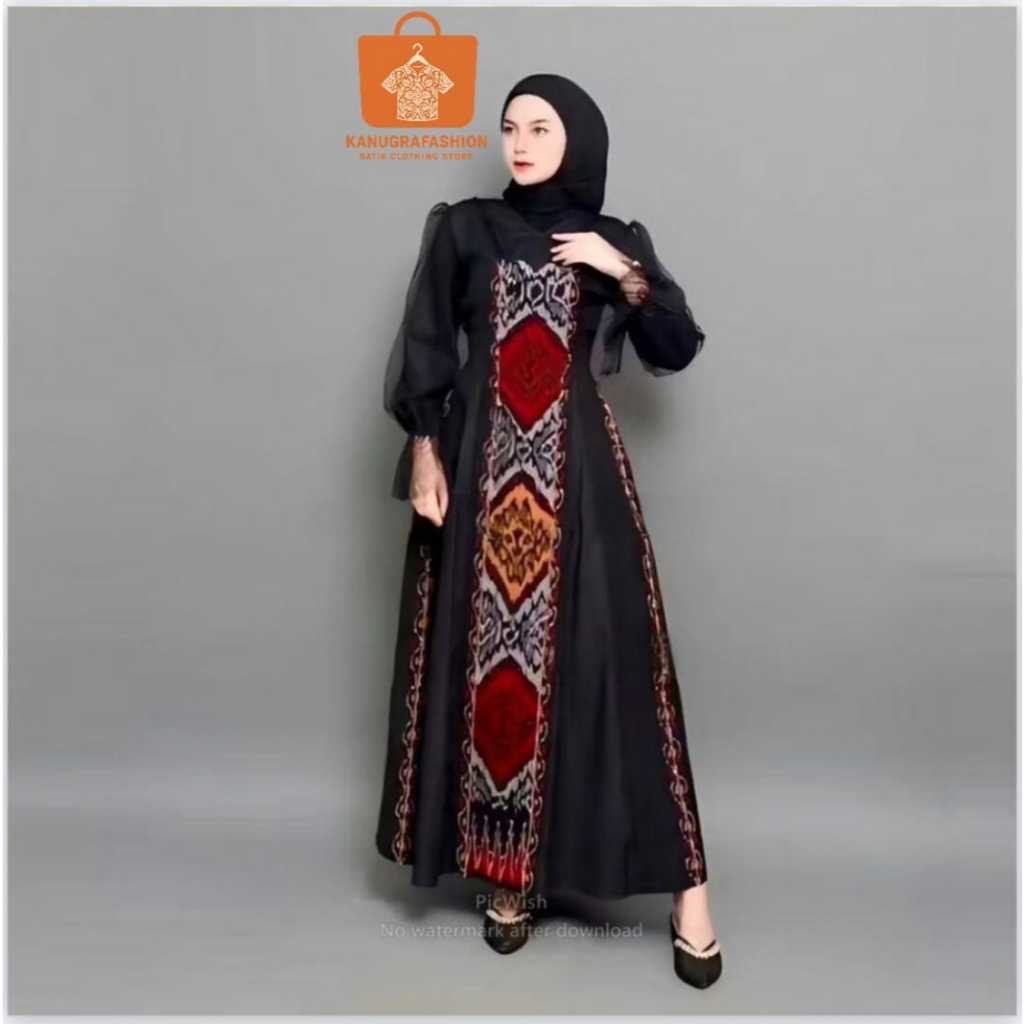 Setelan Baju Couple Batik Tenun Fatma Hitam Maroon – Gamis & Kemeja Kondangan, Lamaran, Wisuda, Leba