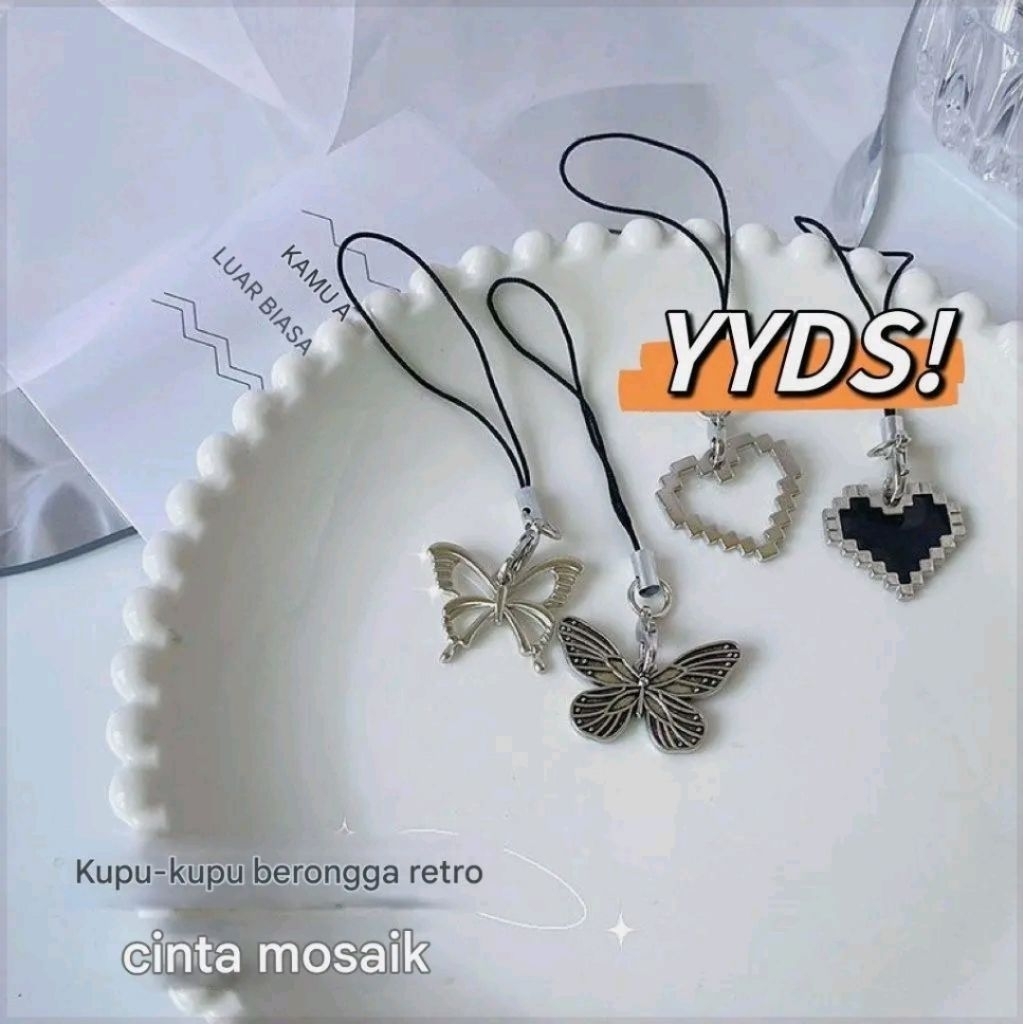 Gantungan HP Lucu Tali Cinta Mosaik Kupu-Kupu Gaya Retro / Gantungan hp tali pendek / Gantungan Tas 