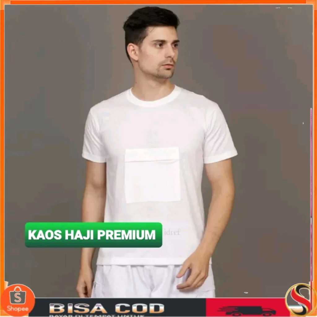 Kaos Haji Umroh Pria Saku Resleting Depan Tanpa lebel Kaos Pria Putih Polos Bahan Katun / perlengkap