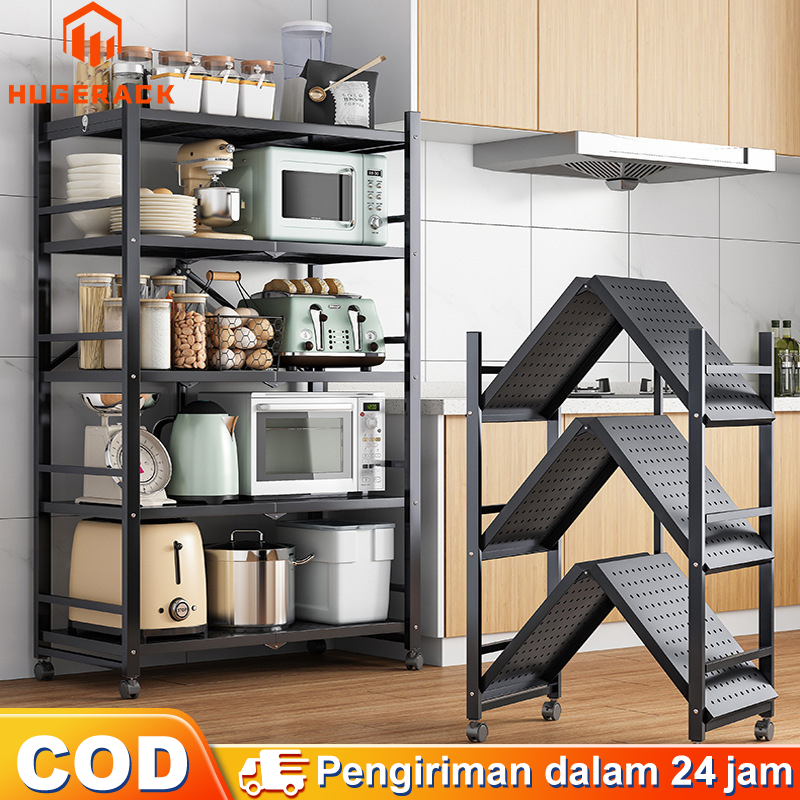 Plat Besi Menebal Rak Dapur Lipat Rak Lipat Portable Rak Besi 5 Susun Rak Dapur Serbaguna Roda Rak