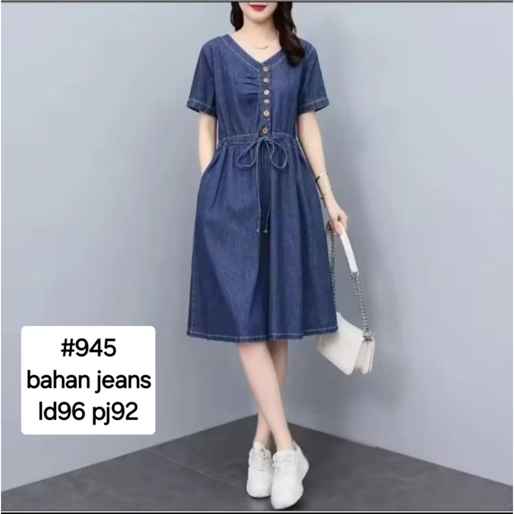 Dres jeans 945 Casual Wanita Baju Midi Panjang Dewasa Gaun Pesta