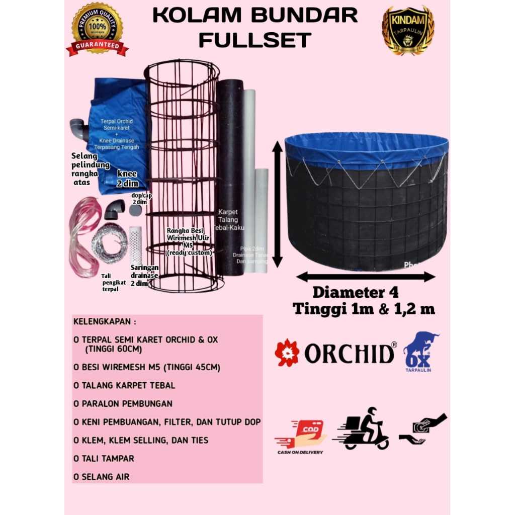 TERPAL KOLAM BUNDAR FULLSET D4 x T1 | D4 x T1,2 TINGGAL PASANG LENGKAP