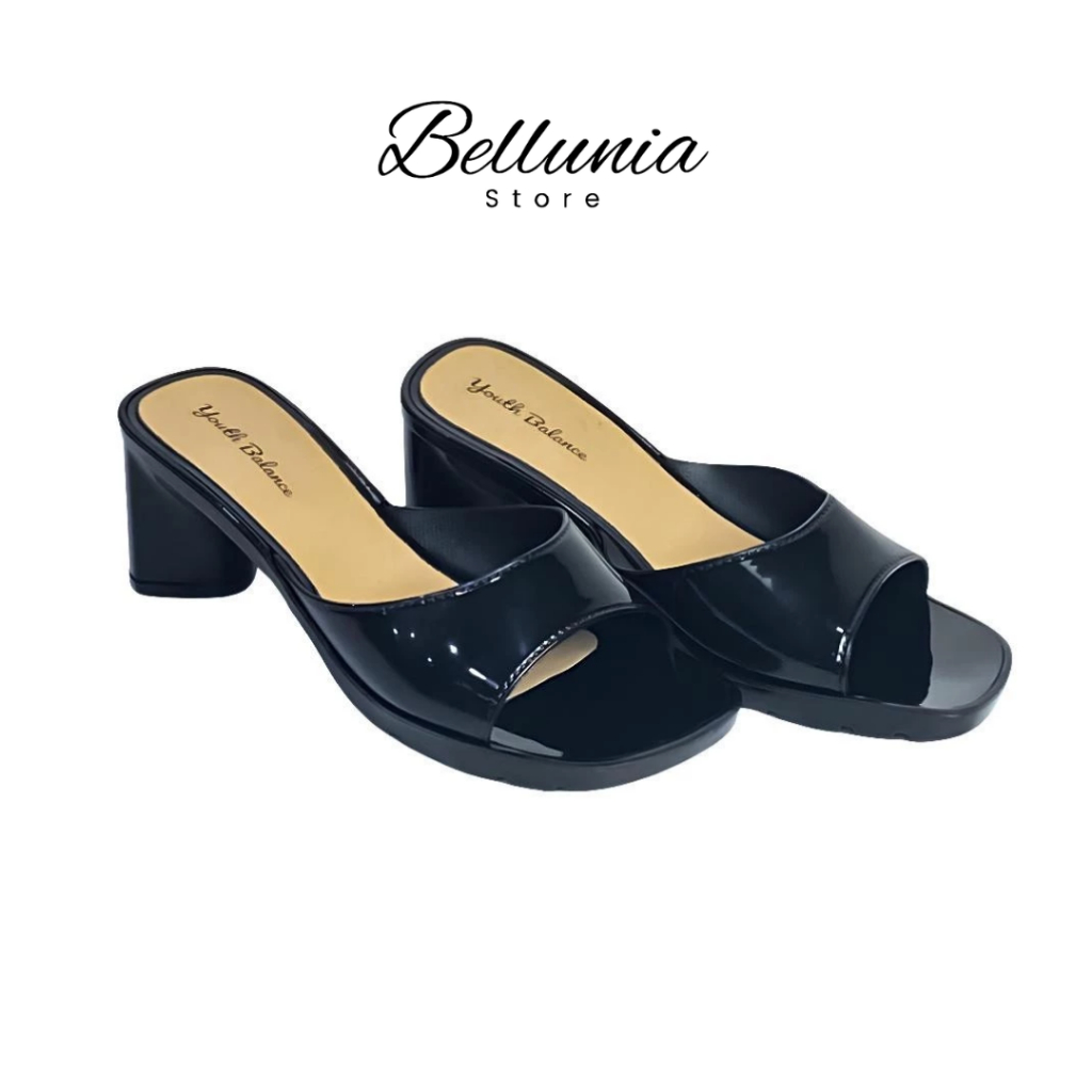 Sandal Heels Hitam Polos Wanita Jelly Hak Kerja Karet Import Balance S08