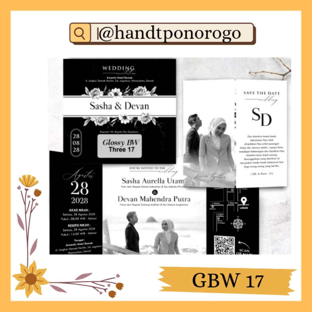 UNDANGAN CETAK CUSTOM MODEL HITAM PUTIH LIPAT 3|| UNDANGAN GLOSSY BW THREE