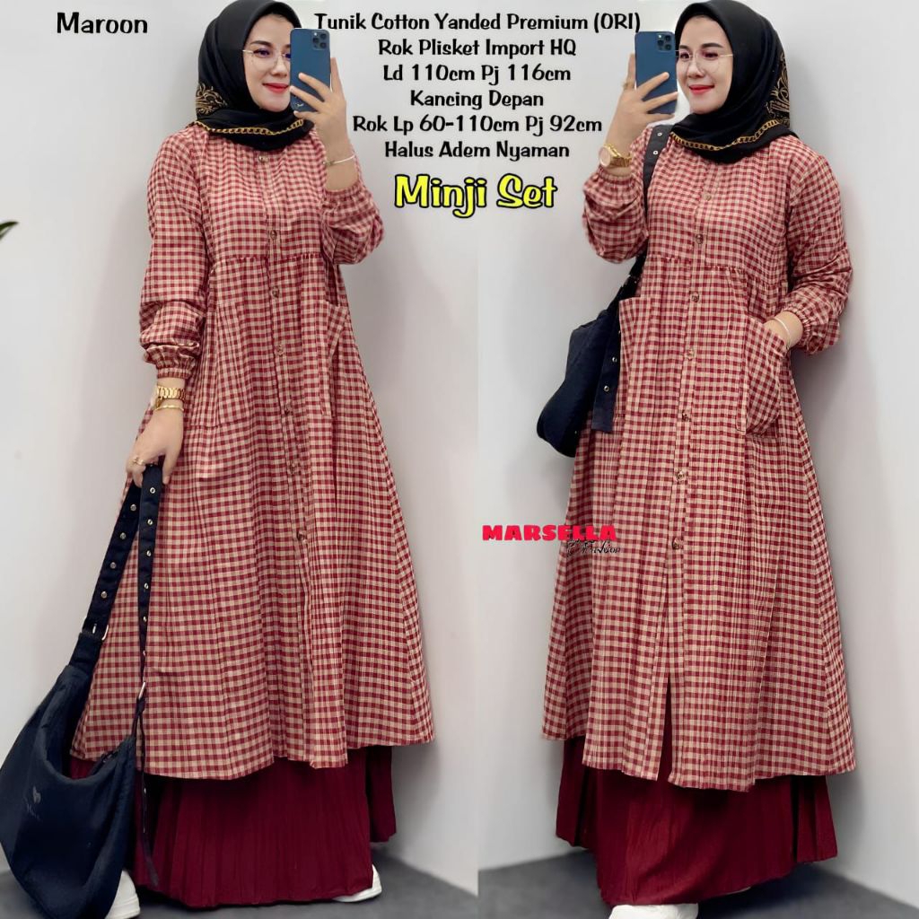 Minji Set By Marsella/Baju Tunik Saku Depan Setelan Rok Plisket Kekinian