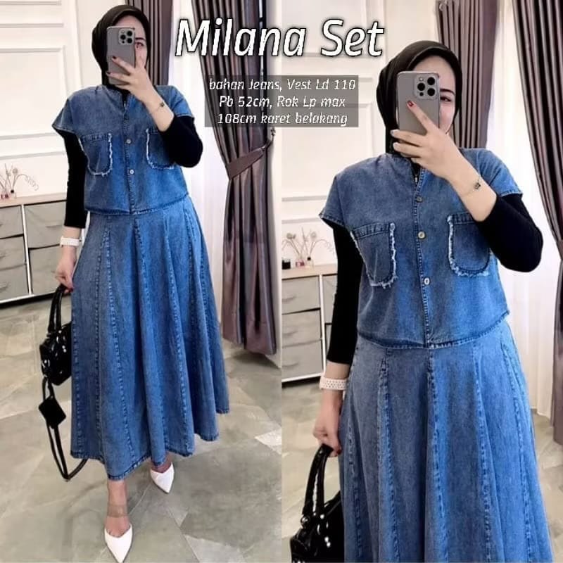 Setelan Wanita Kekinian Terbaru Viral Milana Set WD Size M L XL XXL XXXL Bahan Jeans Premium One Set