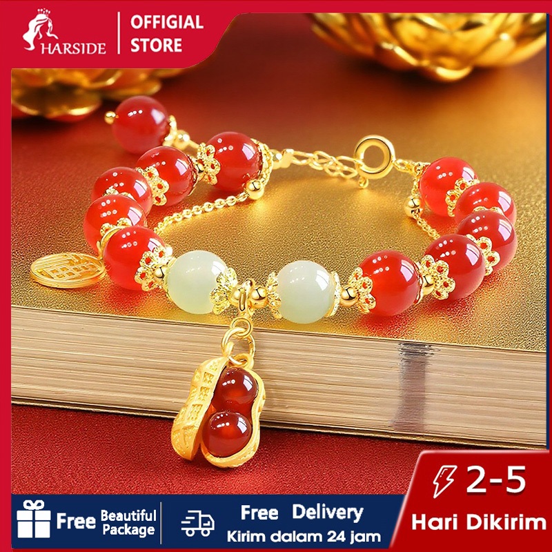 Harside Gelang beruntung Giok Asli Batu Kacang Wanita Berlapis Emas  Anti Luntur/Giok Manik Gelang L