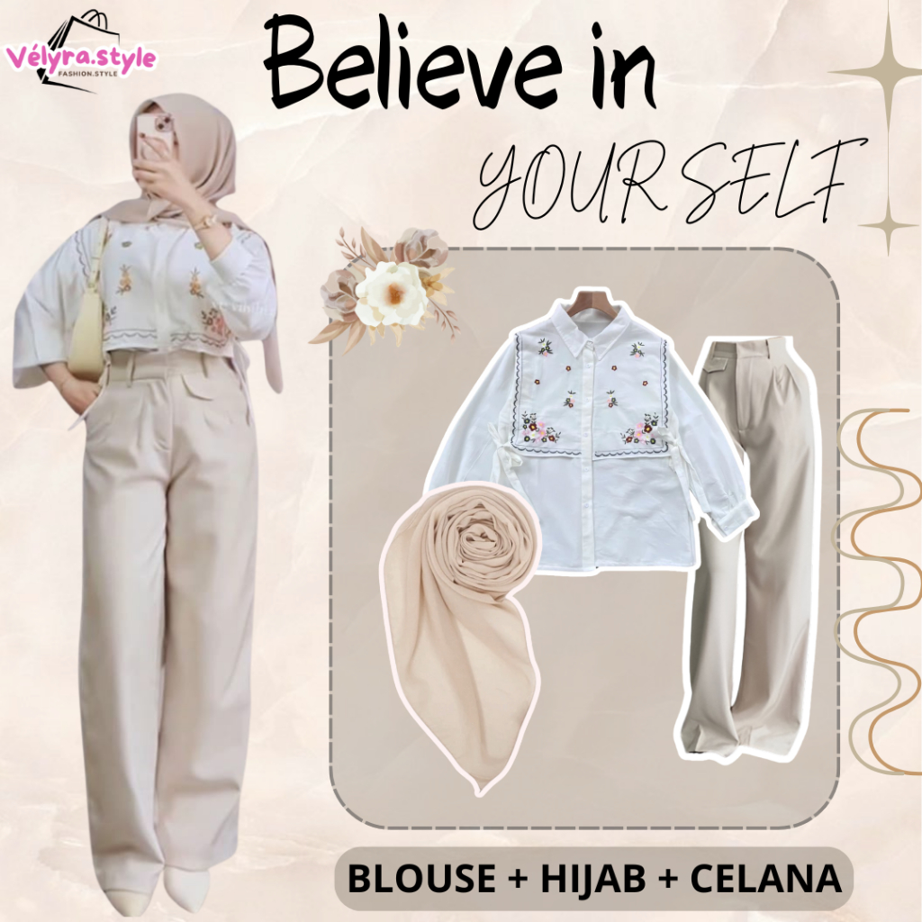 OOTD Hangout Kece,Oneset Korean Style Hijab ( Blouse , Oropanst , Bella Square ) Style Hijab VS2J