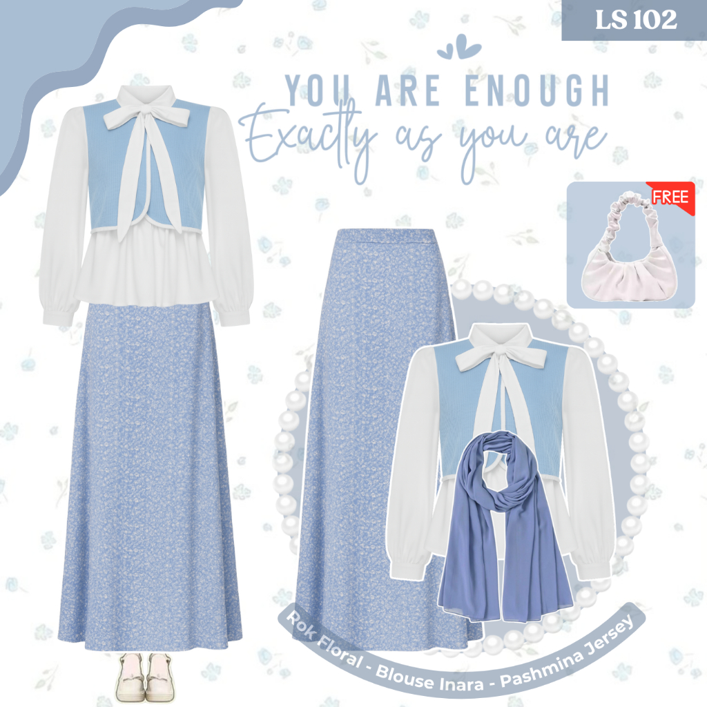 One Set Wanita Kekinian Korean Hijab ( Blouse Inara Model Blazer Twsicone Combi Waffle Biru, Rok Flo