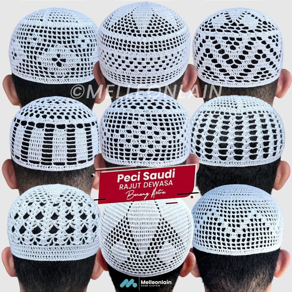 Peci Rajut Saudi Kopiah Songkok Putih Sulam Motif