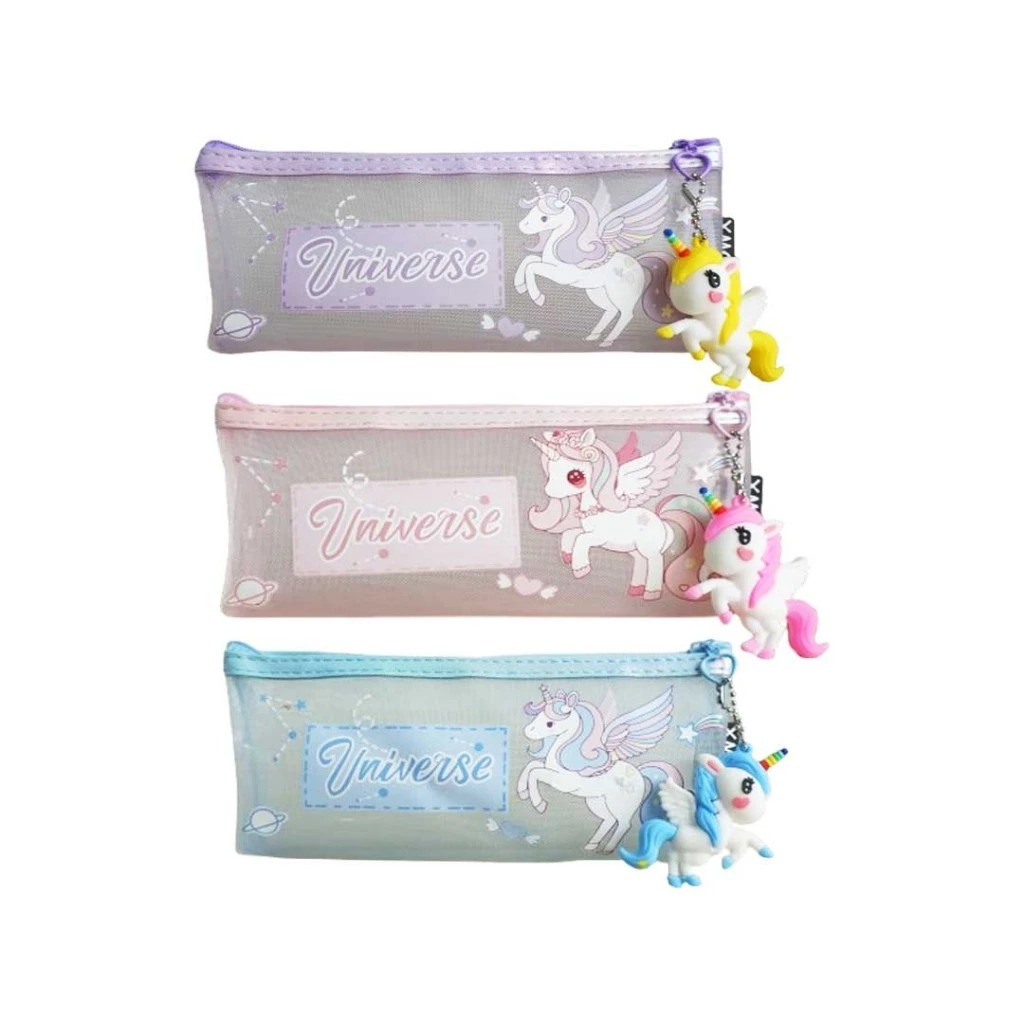 

XMQI - KOTAK PENSIL / TEMPAT PENSIL JARING / PENCIL CASE JARING H-435 UNIVERSE UNICORN SLETING + GANTUNGAN RANTAI UNICORN