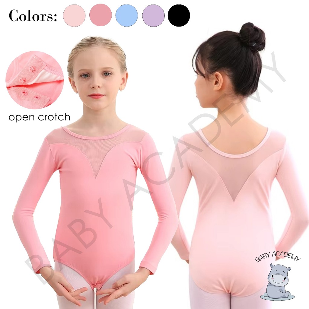 Leotard Balet Ballet Ballerina Gymnastic Senam Anak Perempuan Wanita Dewasa Long Sleeve V Neck Mesh 