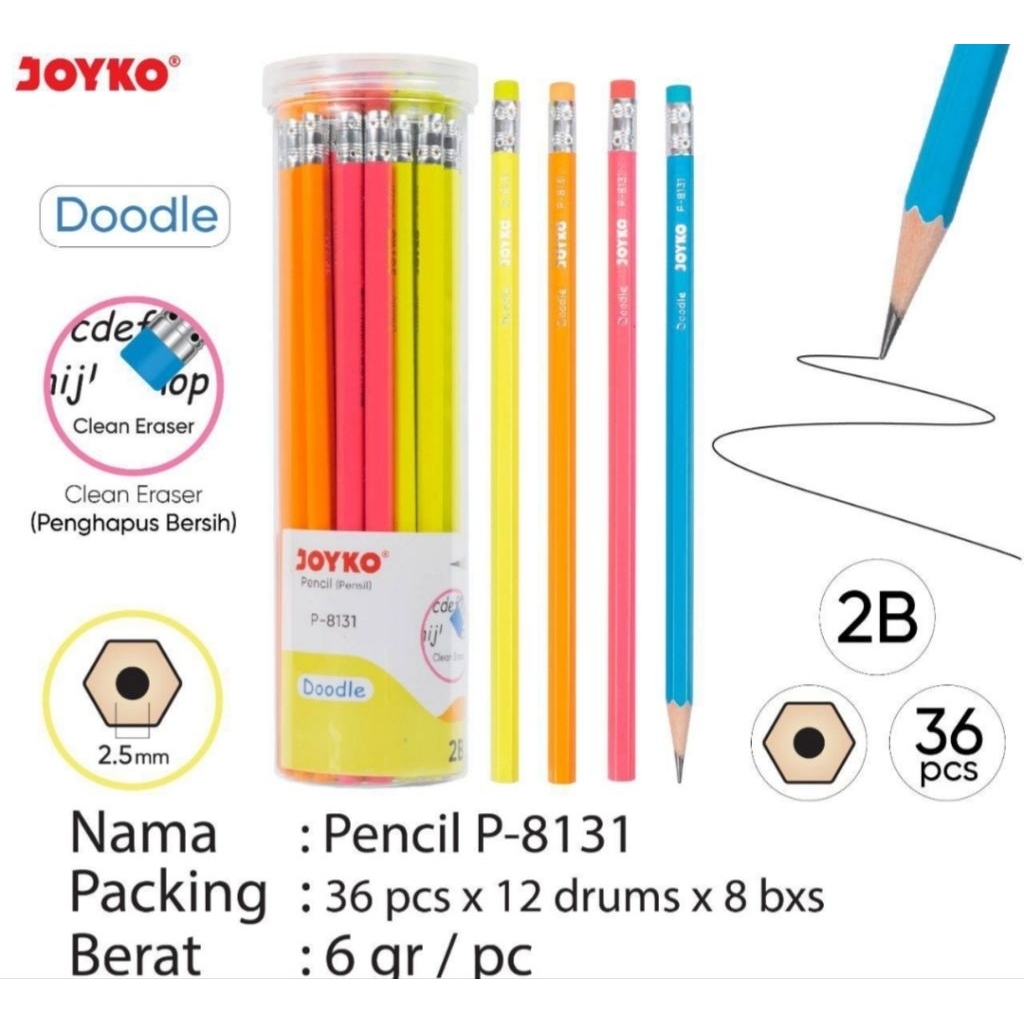 

[1drum=36 pcs] Pensil 2B Joyko P-8131 Doodle / Pencil Joyko Doodle Ber Penghapus untuk Ujian Komputer