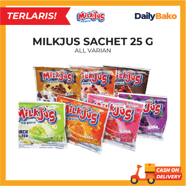 

Milkjus Sachet 25g - Anggur Taro Cappucino Strawberry Coklat Mangga Melon