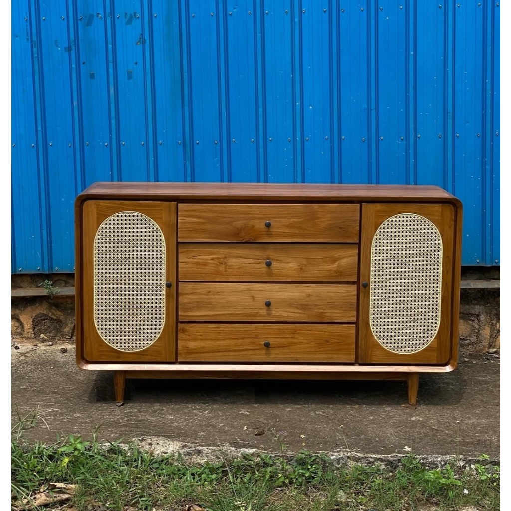 BUFET KAYU JATI MIX ROTAN STORAGE CABINET LEMARI KABINET KAYU JATI SOLID LEMARI BUFET KABINET DAPUR