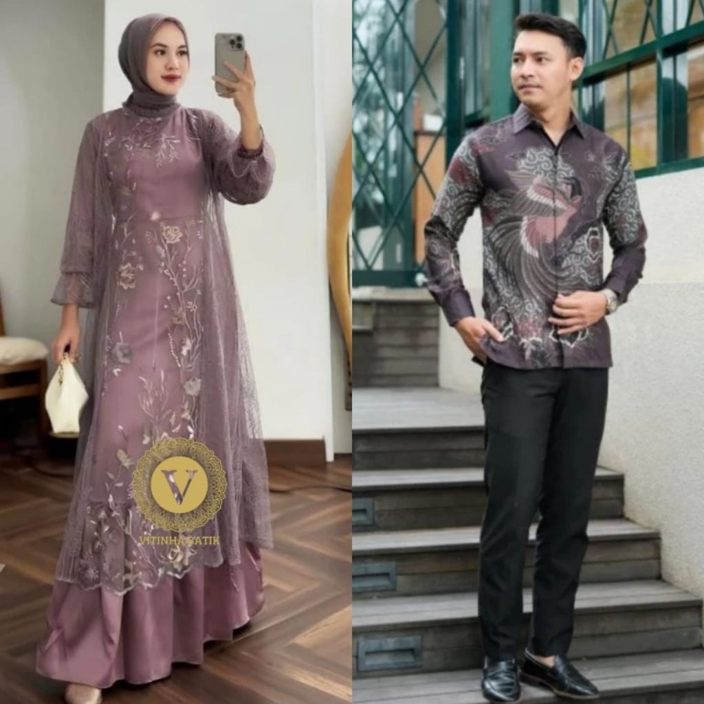 (ADA JUMBO) Batik Couple Gamis Brokat Terbaru Couple Kondangan Couple Tunangan Modern Jumbo,Dress Br