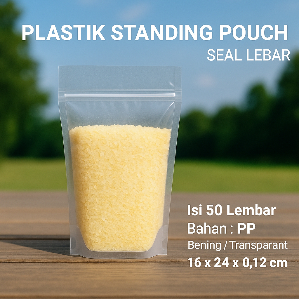 

Plastik Standing Pouch Seal Lebar isi 50 pcs ukuran 16 x 24 TOP Berkualitas