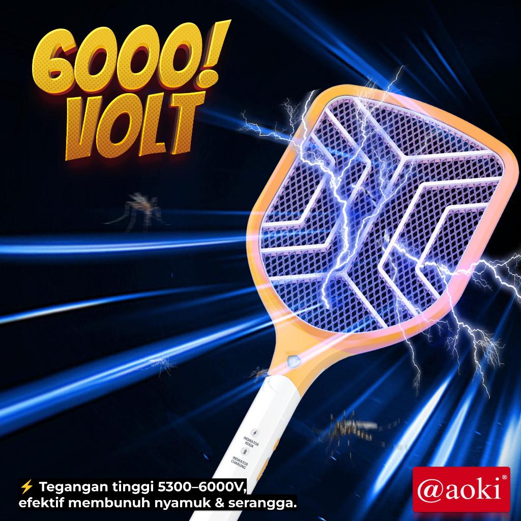 AOKI Raket Nyamuk Rechargeable Tegangan Tinggi 6000V Baterai Bisa Diganti Baterai Lithium 1200mAh