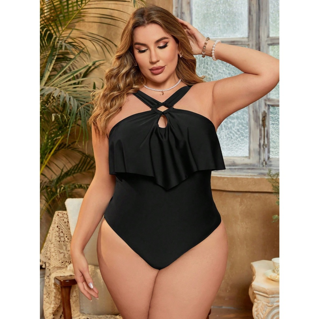 Baju Renang Wanita Jumbo Big Size One Piece Hitam Polos Ruffle Depan Tali Silang Plain Black Swimsui