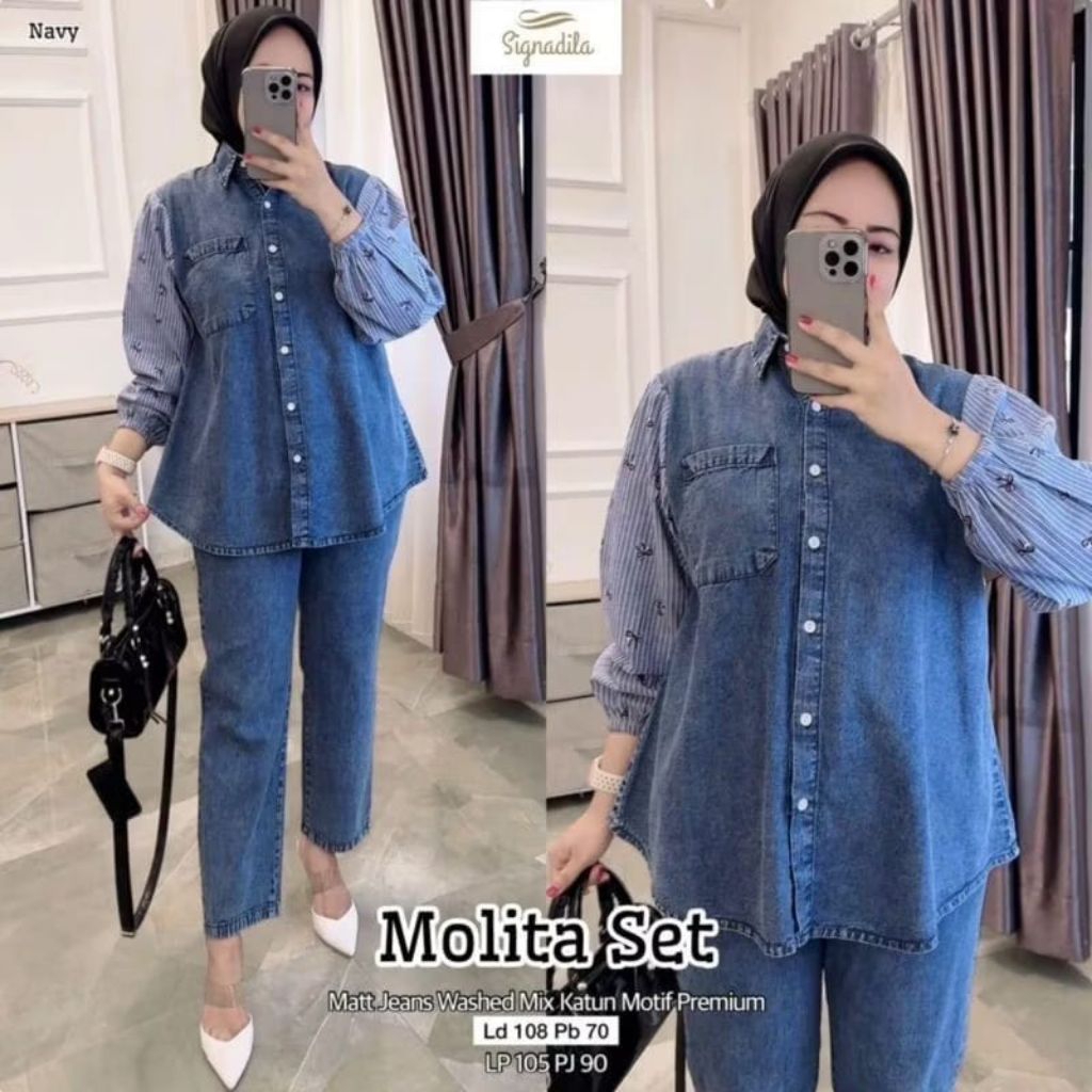 ready molita set celana jeans mix Dress wanita muslimah Gamis baju midi muslim gaun lebaran oneset h