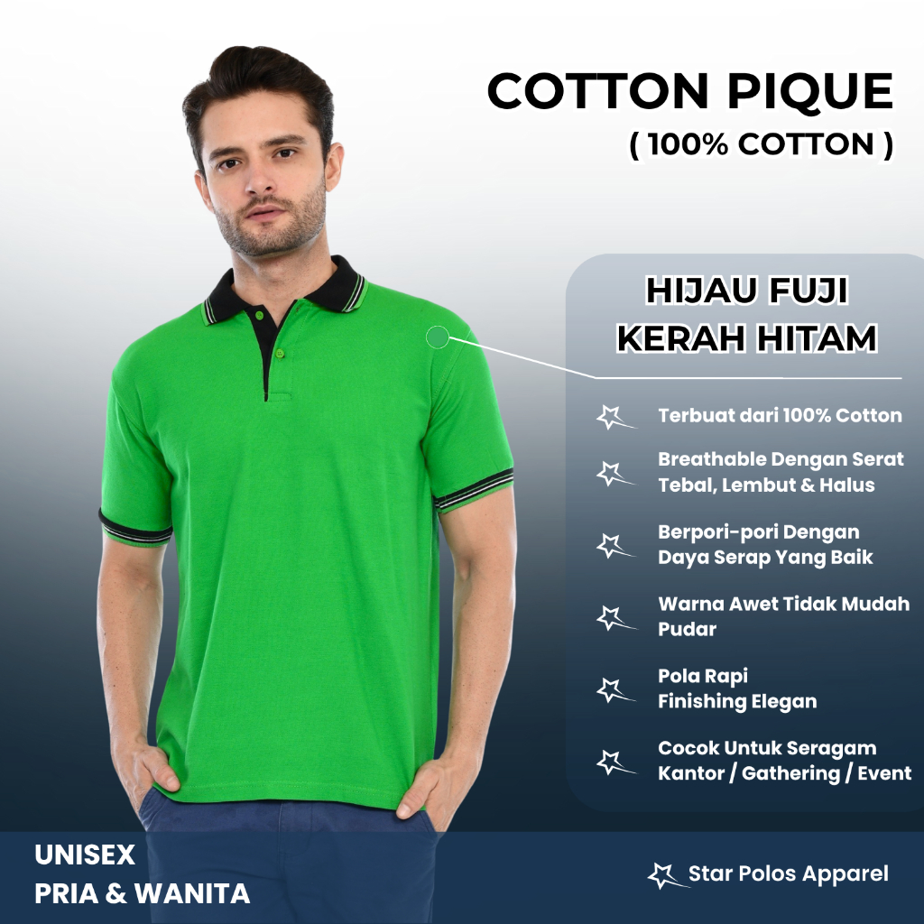 Kaos kerah katun 100% lengan pendek HIJAU FUJI / HIJAU DAUN pria wanita