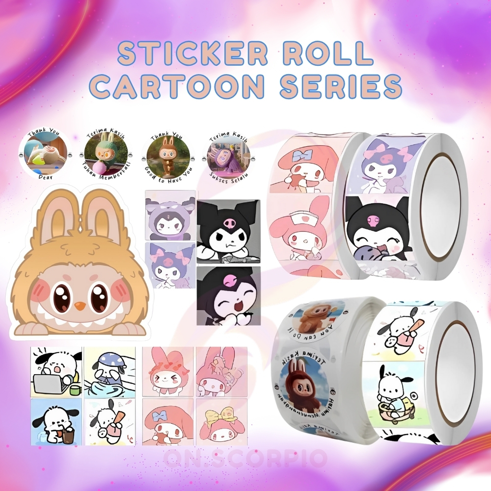 

◪PIO◪ 500 Pcs Sticker Roll Labubu Cartoon 2,5cm Stiker Sanrio Kuromi Capybara Stikerroll Kartun SS001